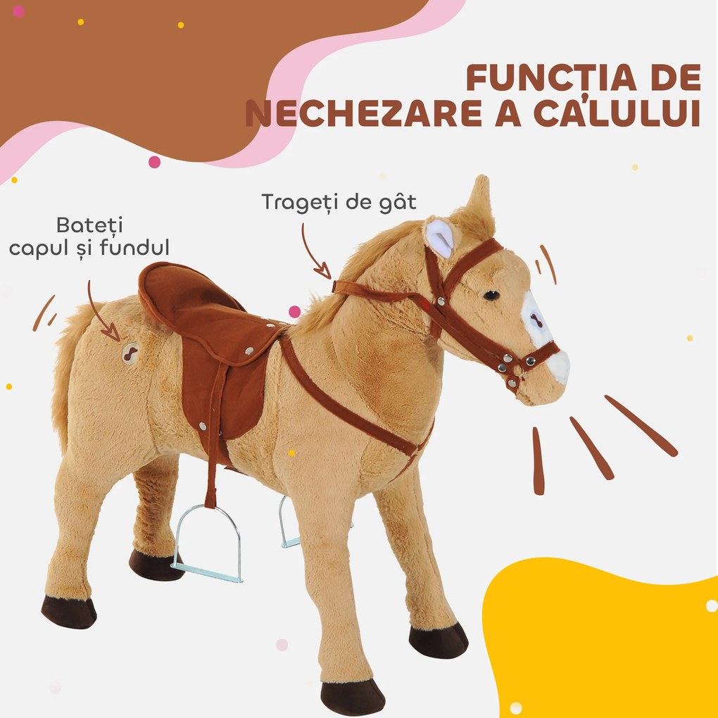 HOMCOM Cal balansoar din pluș pentru copil de la 2 ani, cu efecte sonore, șa și bride 85 cm (lungime) bej | Aosom Romania
