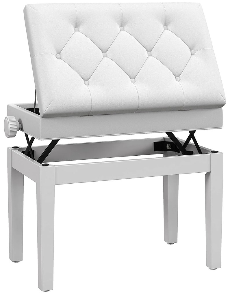 HOMCOM Banc de pian, banc de clape reglabil în înalțime din lemn masiv, compartiment de depozitare, 55 x 33 x 48-58 cm alb | Aosom Romania