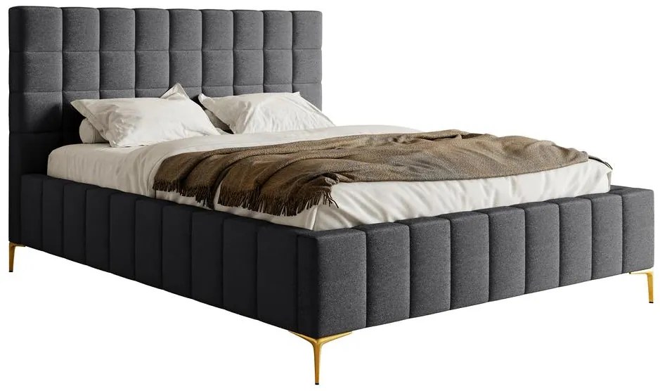 Pat matrimonial 140 cm Sheldona 140 (cu somieră) (cu sp. depozitare) (gri închis + auriu). 1099774