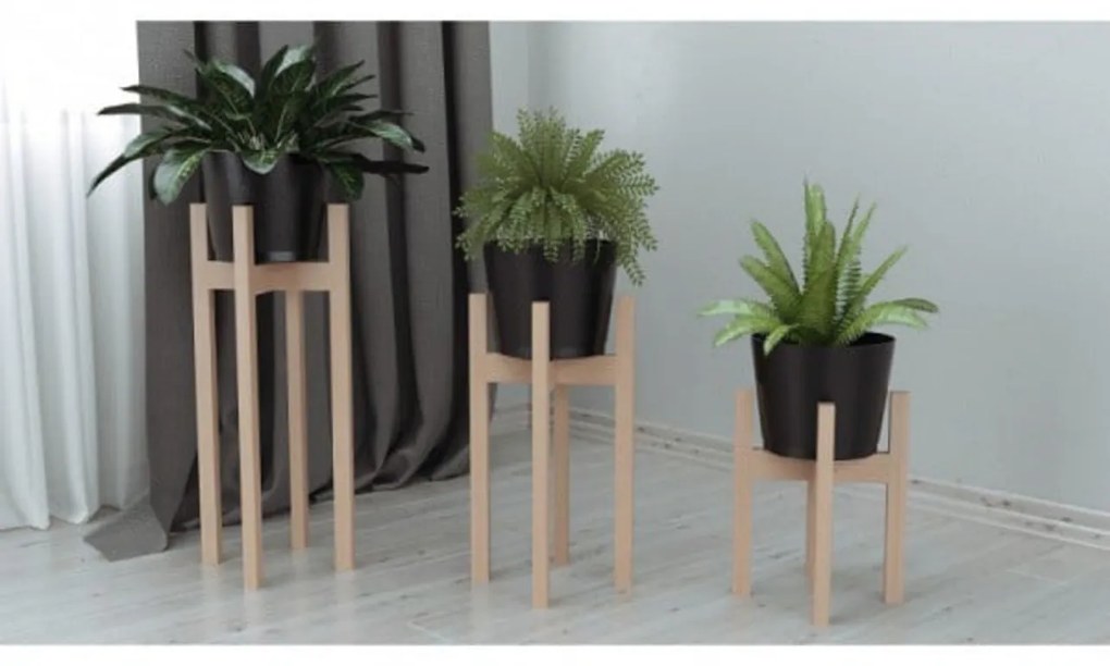 Set 3 suporturi pentru ghivece din lemn masin HouseXL Bwood, Din lemn de fag, 3 trepte de inaltime, Natur