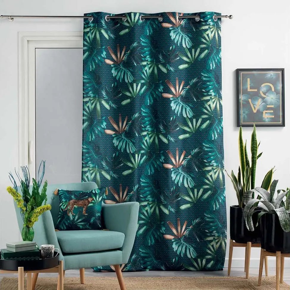 Draperie elegantă în stil scandinav, albastru închis, pe cercuri, cu frunze 140 x 260 cm