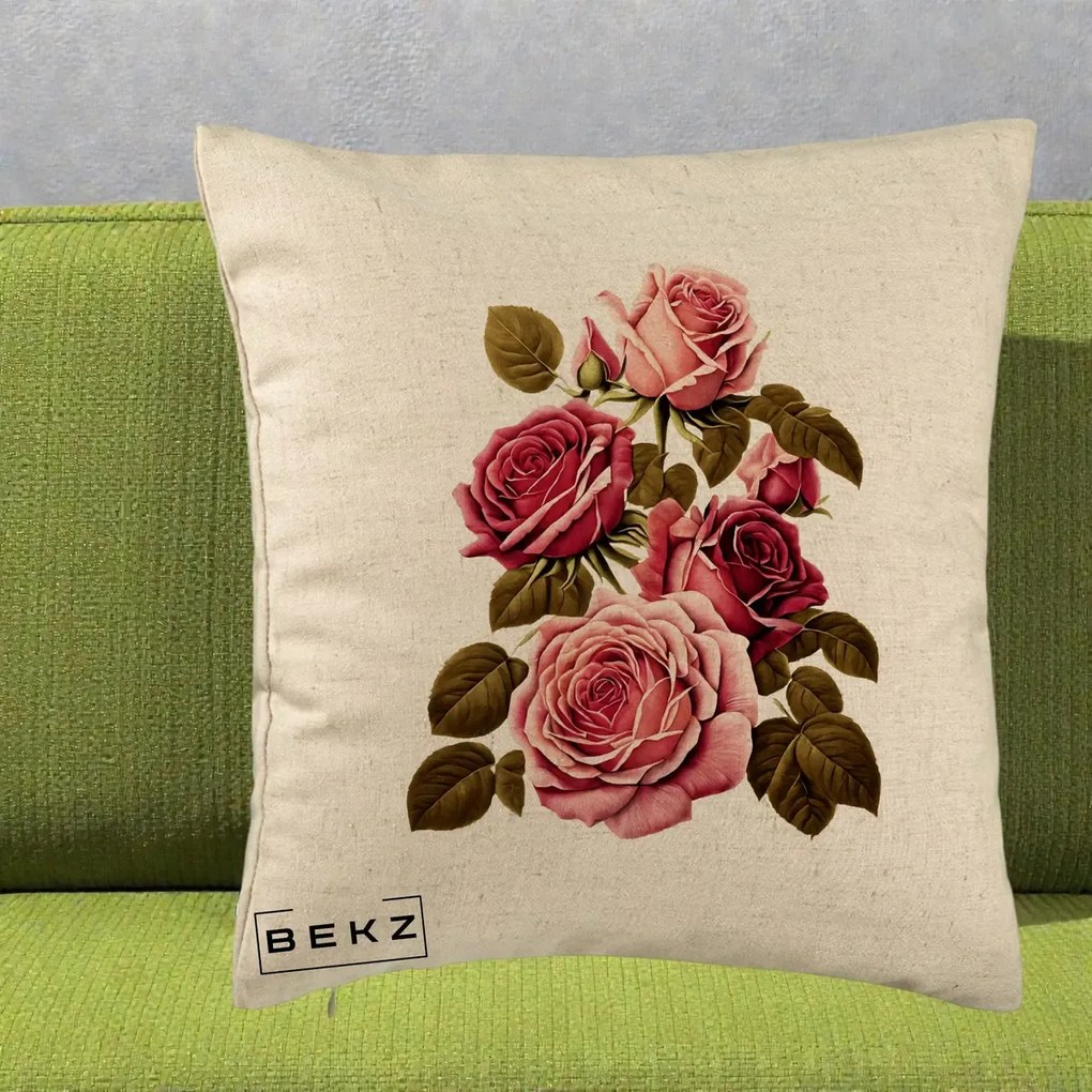 Perna Decorativa Trandafiri Vintage Roz-Rosii, 40x40 cm, Bej, Husa Detasabila, Perna Inclusa, BEKZ®