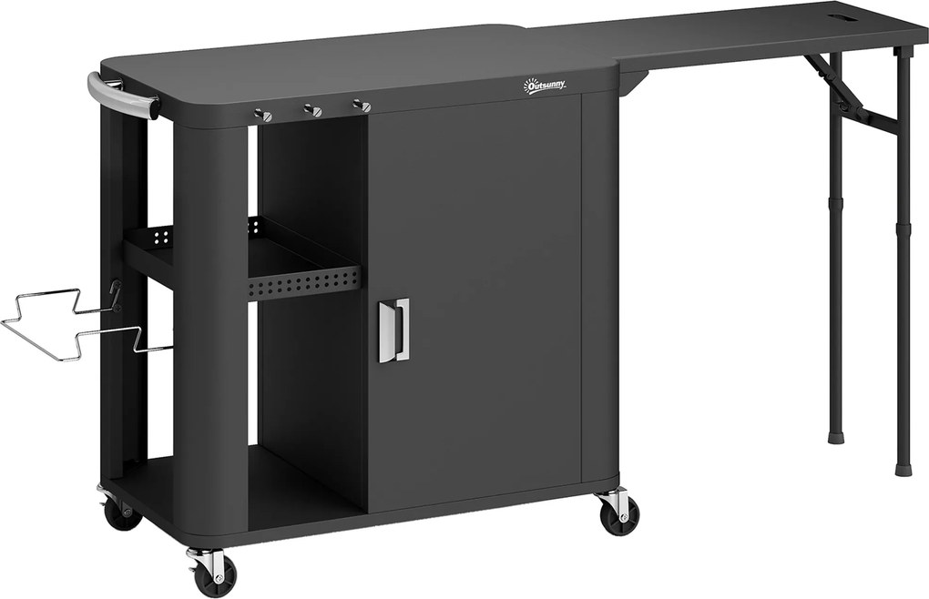 Outsunny Servantă de grădină cărucior de grătar pe roți cu masă laterală pliabilă dulap rafturi 166 x 54 x 88 cm negru | Aosom Romania