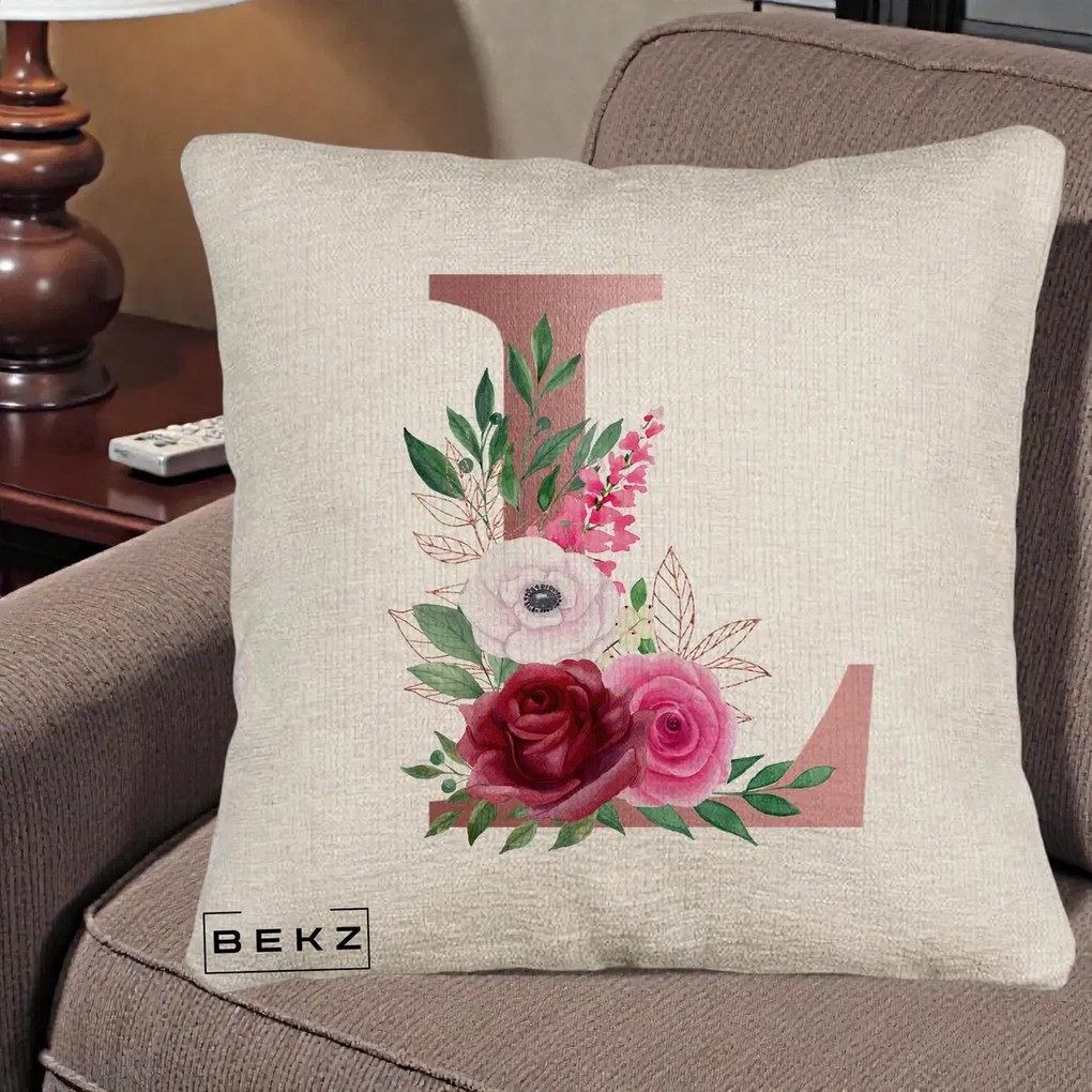 Cadou Personalizat - Perna Personalizata Monograma Rose Gold Litera L, 40x40 cm, Bej Canapea, Husa Detasabila, Perna Inclusa, BEKZ®
