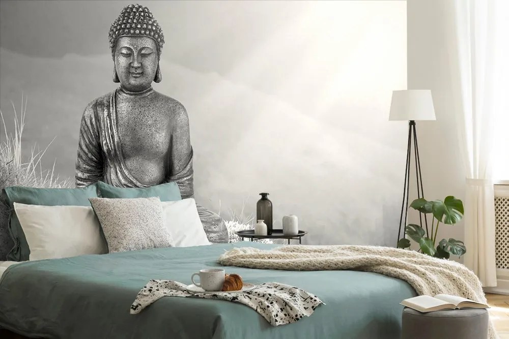 Tapet Buddha alb-negru în poziție meditativă