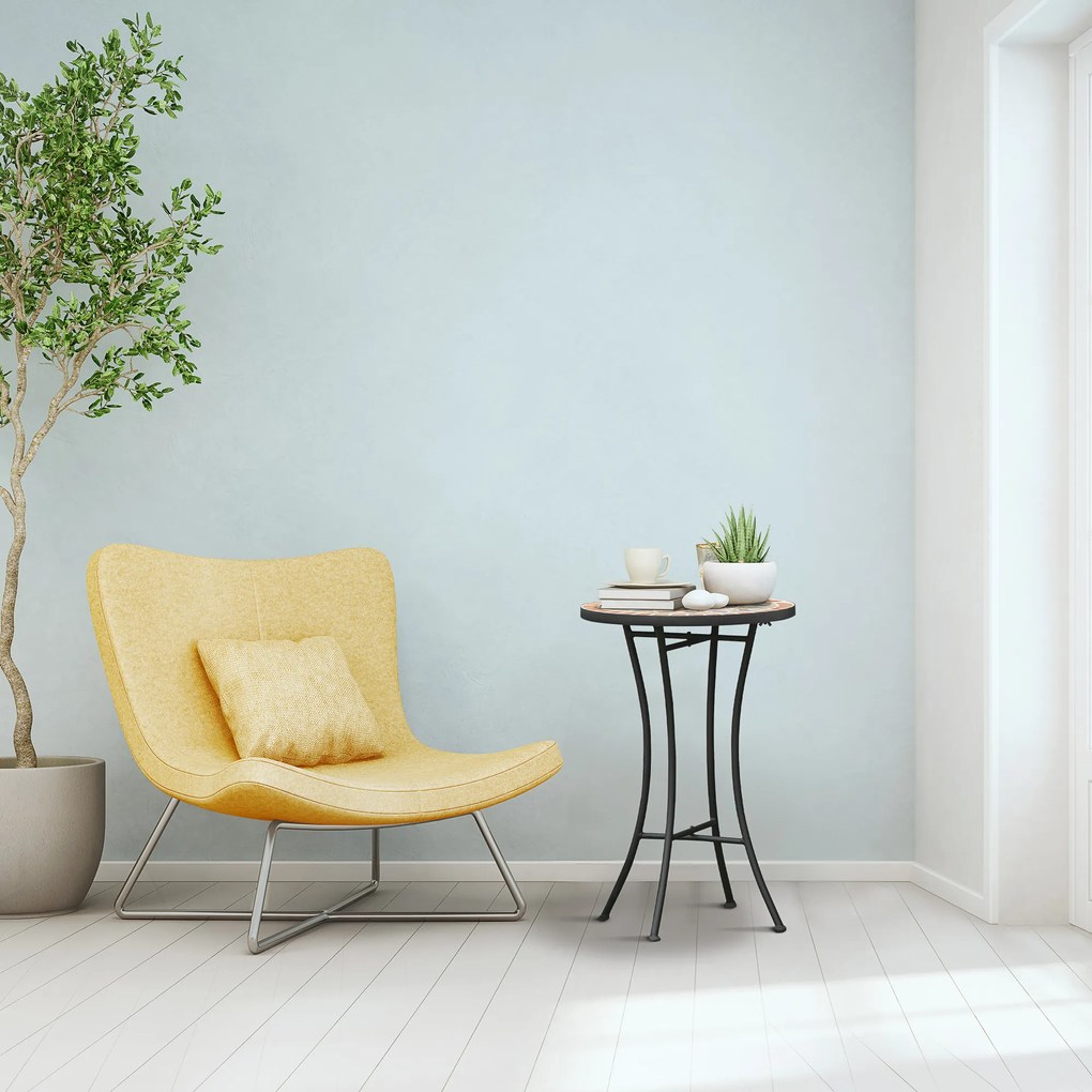 Outsunny Masă Rotundă Laterală Ø35,5cm – Masă de Patio Impermeabilă cu Design Mozaic, Măsuță din Metal pentru Living, Birou, Interior și Exterior – Galben și Gri | Aosom Romania
