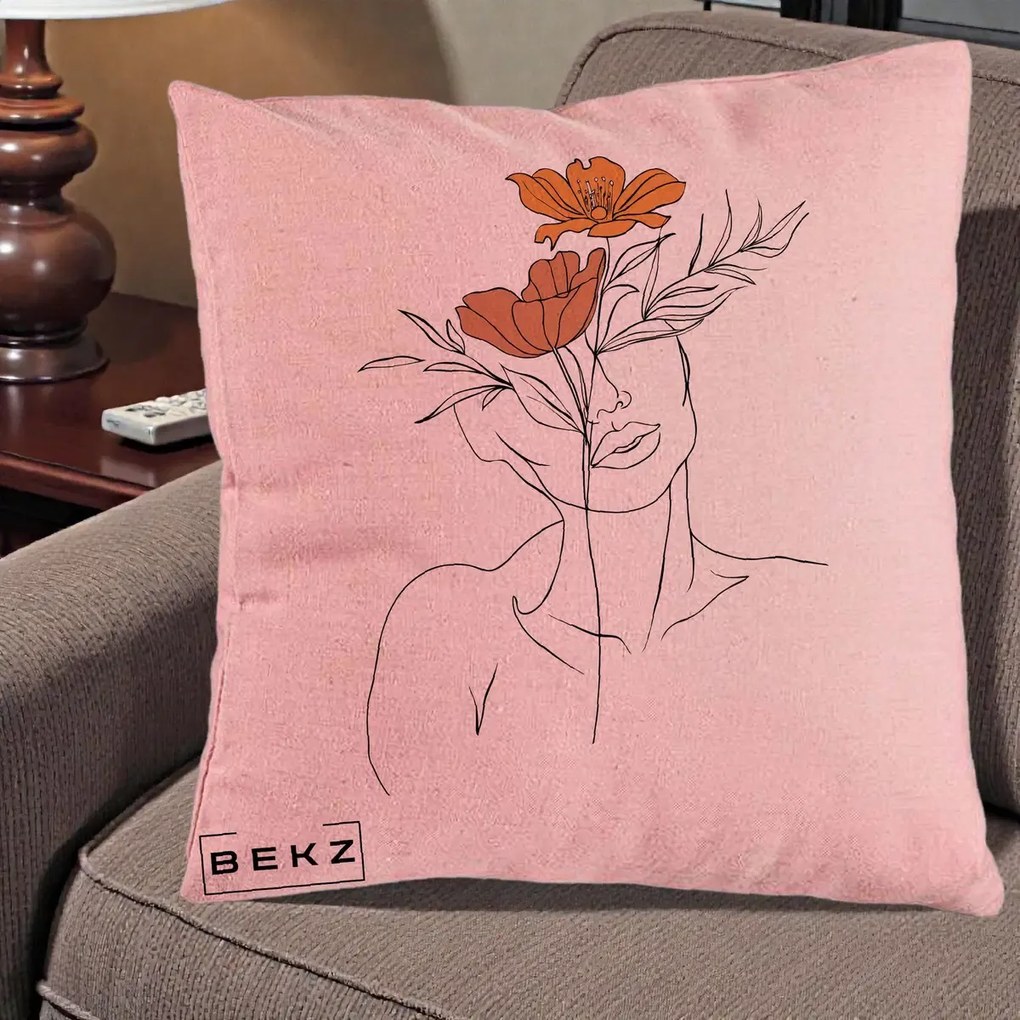 Perna Decorativa Portret Feminin Doua Flori, 40x40 cm, Roz, Husa Detasabila, Perna Inclusa, BEKZ®