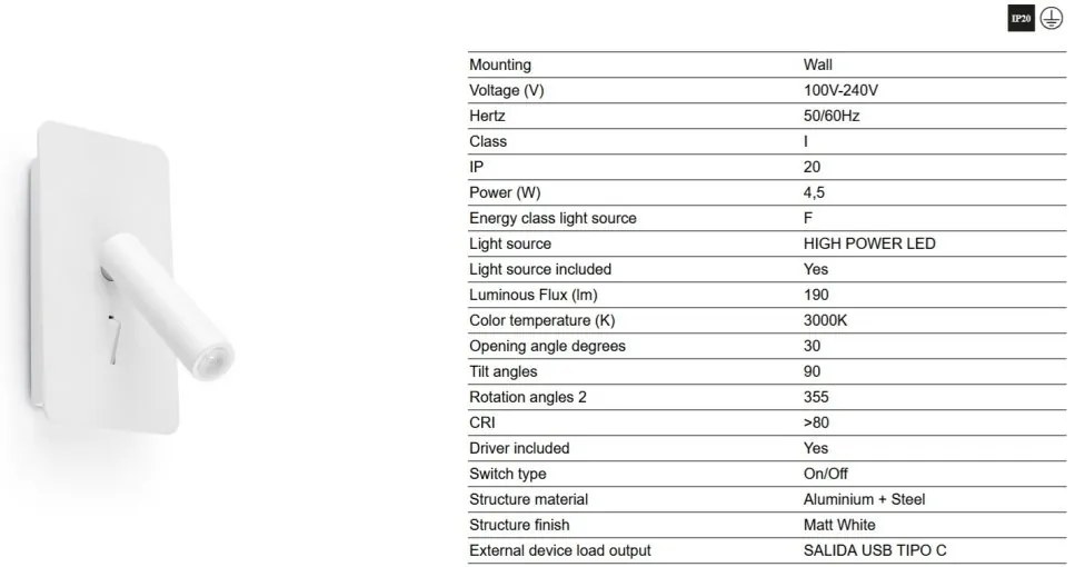 Aplica cu reader LED directionabil stil minimalist SUAU USB C alb