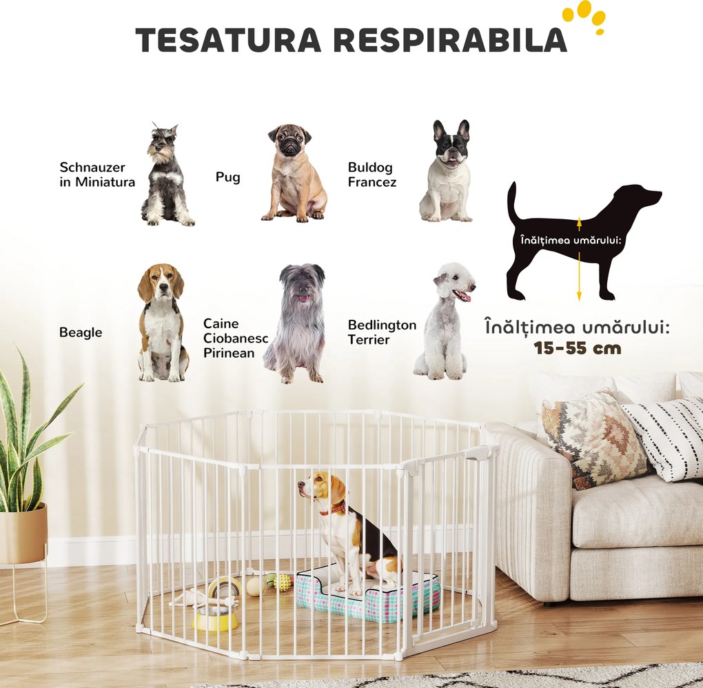 PawHut Gard pentru Câini cu 8 Panouri Modulabile cu Închidere Automată, din Oțel și ABS, 61x3x75 cm, Alb | Aosom Romania