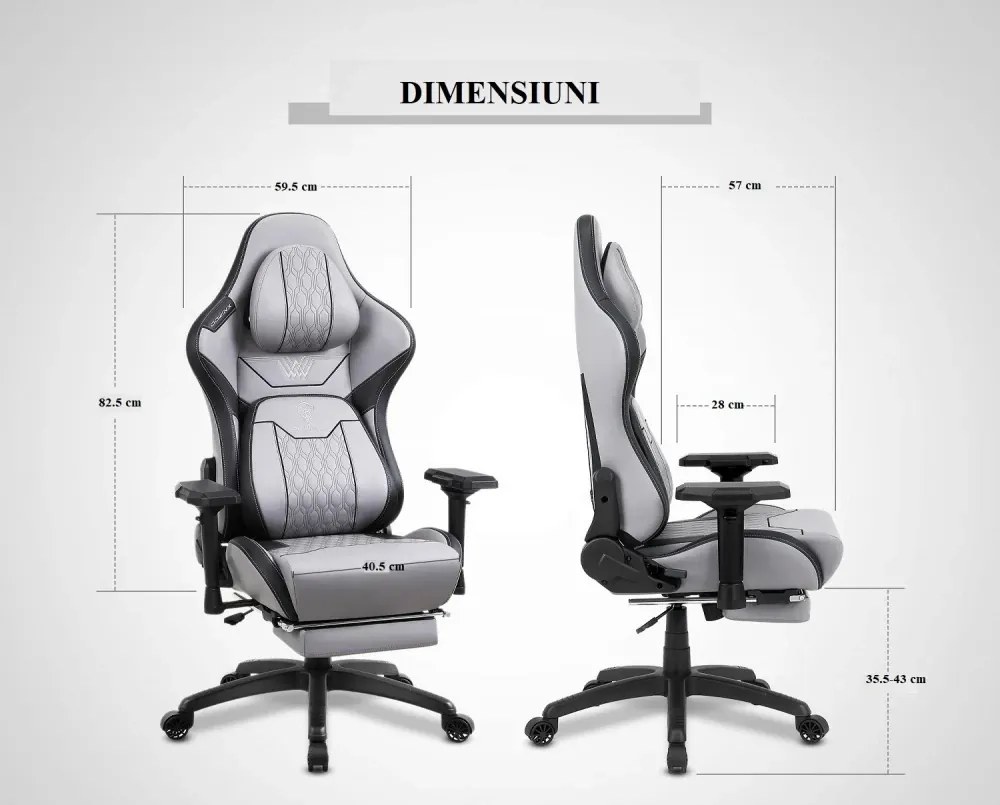 RESIGILAT- DOWINX Scaun gaming, ergonomic, spătar înalt, tetiera confortabilă, suport lombar, cotiere 4D, suport picioare, rezistent 150 kg, piele PU, Gri
