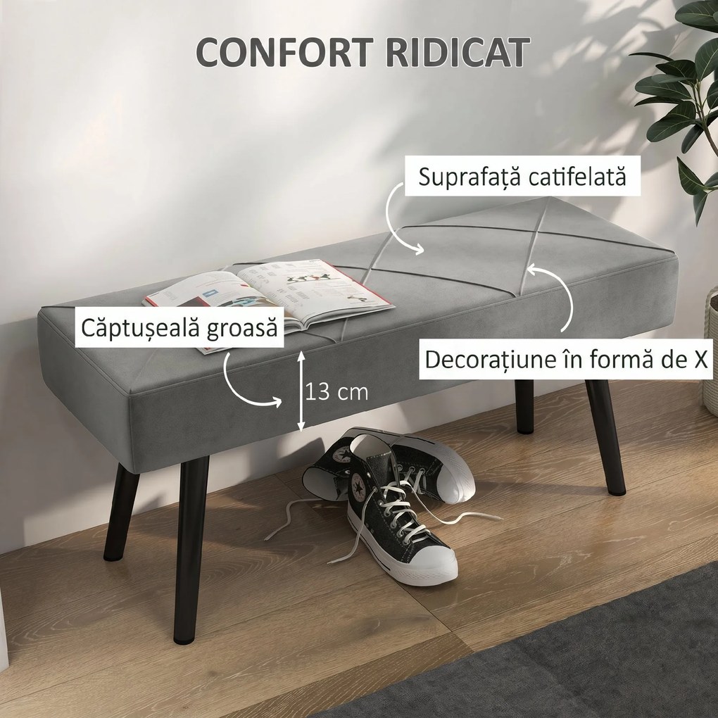 HOMCOM Danca Depozitare, Velvet Tapițat, cu Picioare de Oțel, pentru Dormitor, Living, Sufragerie, Hol, 100x36x45 cm, Gri | Aosom Romania