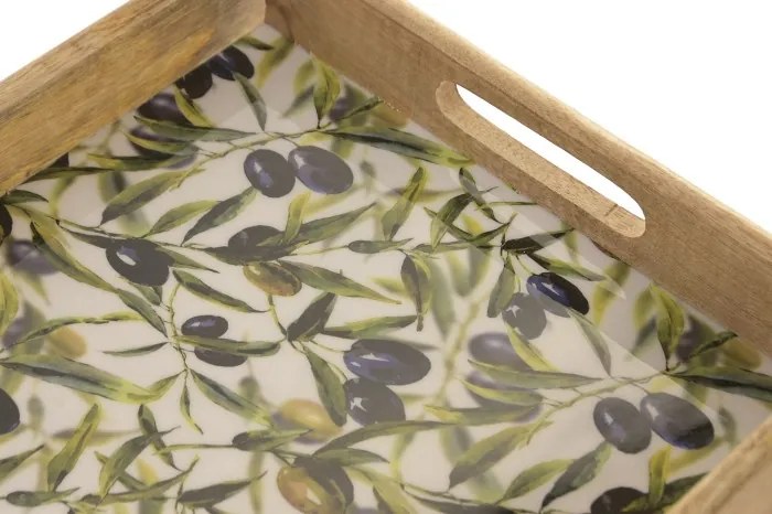 Tavă servire Mediterranean lăcuită verde cu accente naturale din lemn de mango cu structură din lemn – "Olivia"