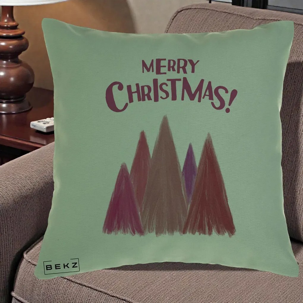 Perna Decorativa Merry Christmas Brazi Roz, 40x40 cm, Verde, Husa Detasabila, Perna Inclusa, BEKZ®