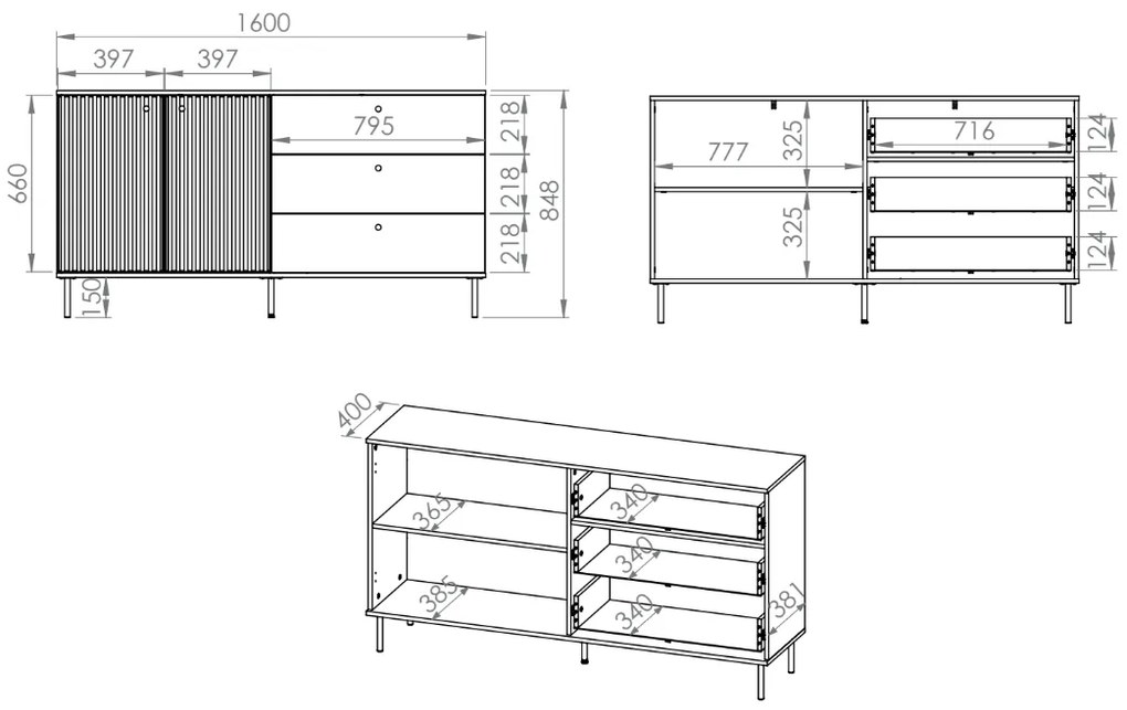 Comoda living  dormitor hol cu 3 sertare si 2 usi , casmir mdf casmir cu model , 160x85x40 cm, canturi abs, cu rafturi, picioare negre butoni auriu