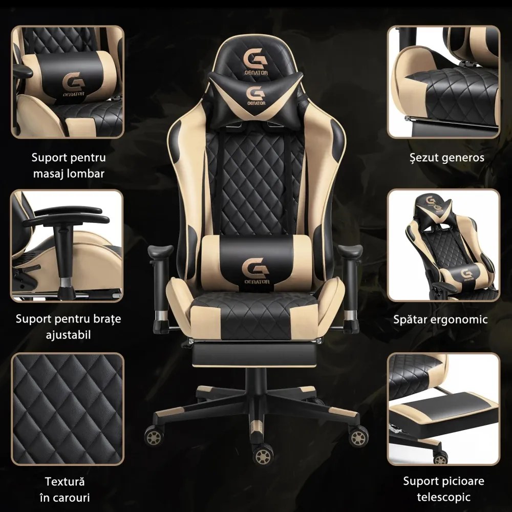 Scaun gaming cu masaj în perna lombară, sezut benzi elastice sustinere, cotiere 3D, suport picioare, funcție sezlong, Negru/Auriu