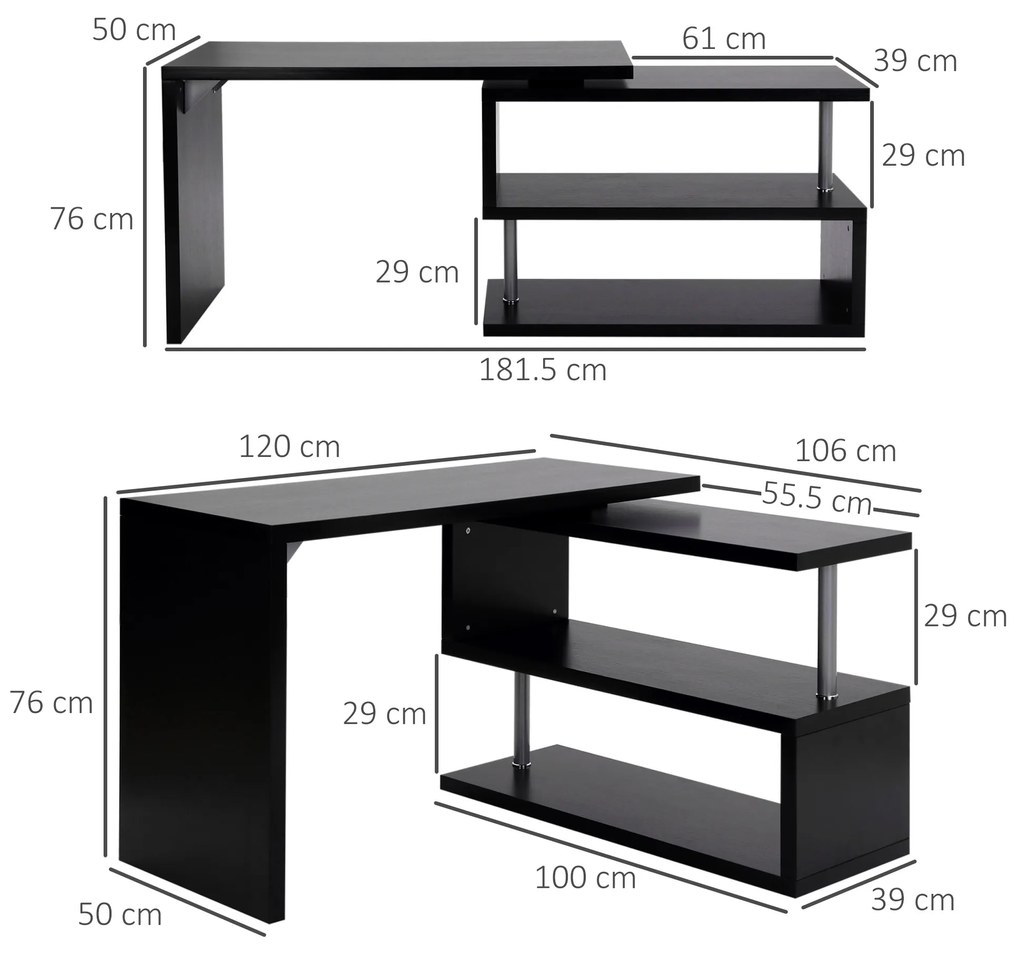 HomCom Birou pe colt pentru Computer cu Rafturi in Lemn, Negru, 120x106x75cm