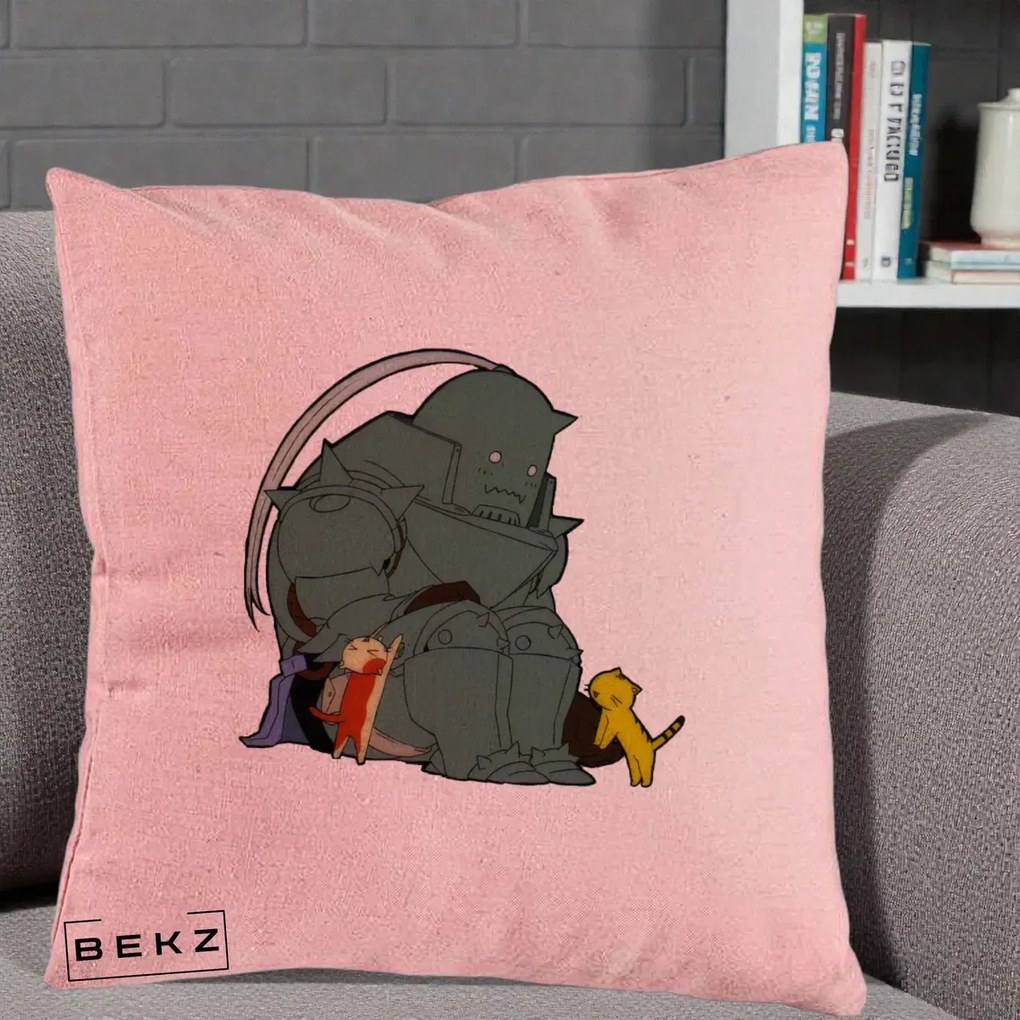 Perna Personalizata Fullmetal Alchemist Alphonse cu Pisici, 40x40 cm, Roz, Husa Detasabila, Perna Inclusa, BEKZ®