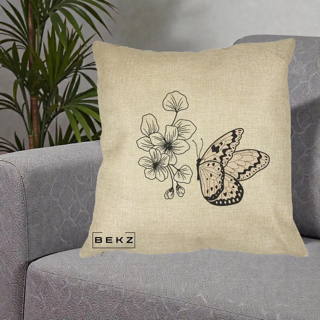 Perna Decorativa Fluture si Flori Linie Monocroma, 40x40 cm, Crem, Husa Detasabila, Perna Inclusa, BEKZ®