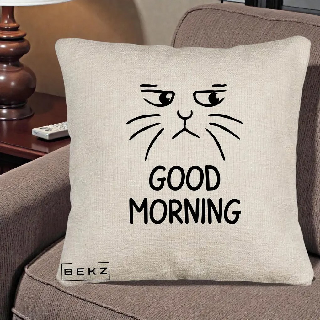 Perna Decorativa Pisica Morocanoasa Good Morning, 40x40 cm, Bej Canapea, Husa Detasabila, Perna Inclusa, BEKZ®
