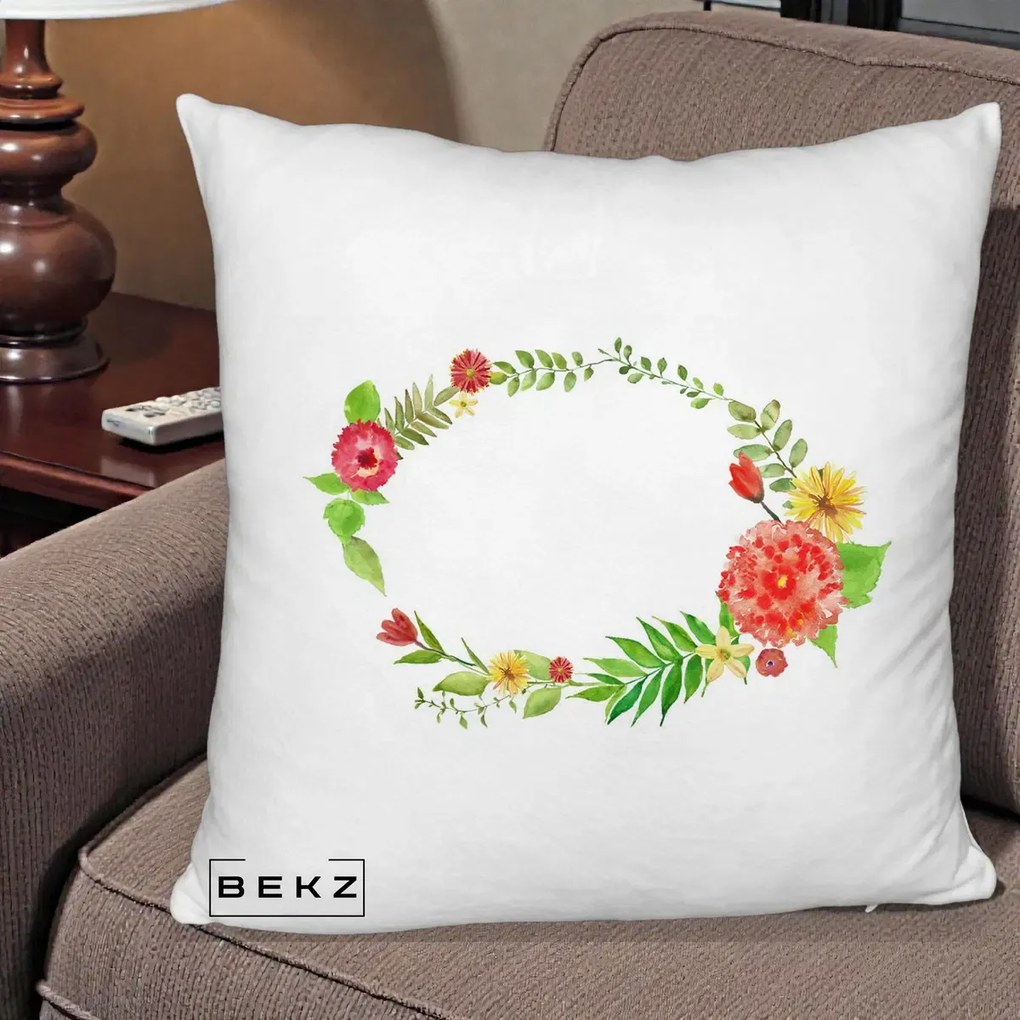 Perna Decorativa Coroana Florala Acuarela, 40x40 cm, Alb Pufos, Husa Detasabila, Perna Inclusa, BEKZ®
