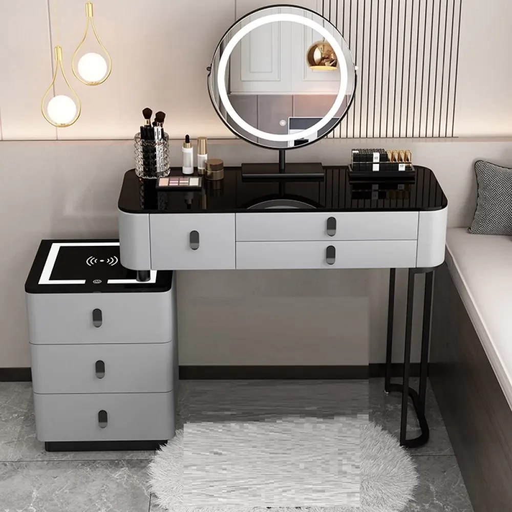 RESIGILAT-Set Margot, Masă de toaletă pentru machiaj cu oglindă iluminată LED, control touch, 6 sertare, comoda, scaun, Difuzor Bluetooth, zona încărcare fără fir, Gri