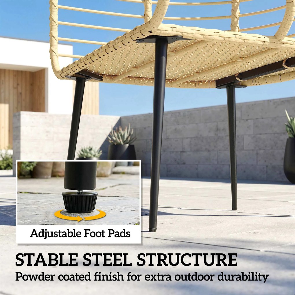 Outsunny Fotoliu de grădină cu taburet PE-Rattan, fotoliu în formă de ou cu perne lungi &amp; groase, cadru metalic Bej | Aosom Romania