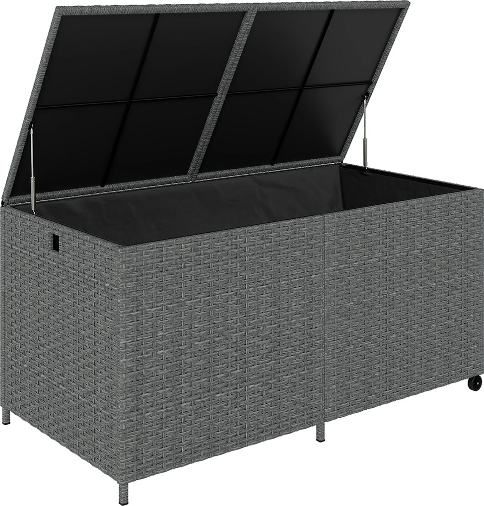 Outsunny Cutie pentru perne din rattan 650 L rezistentă la intemperii rezistent UV cu capac roți spațiu depozitare 150 x 75 x 74 cm Gri închis | Aosom Romania
