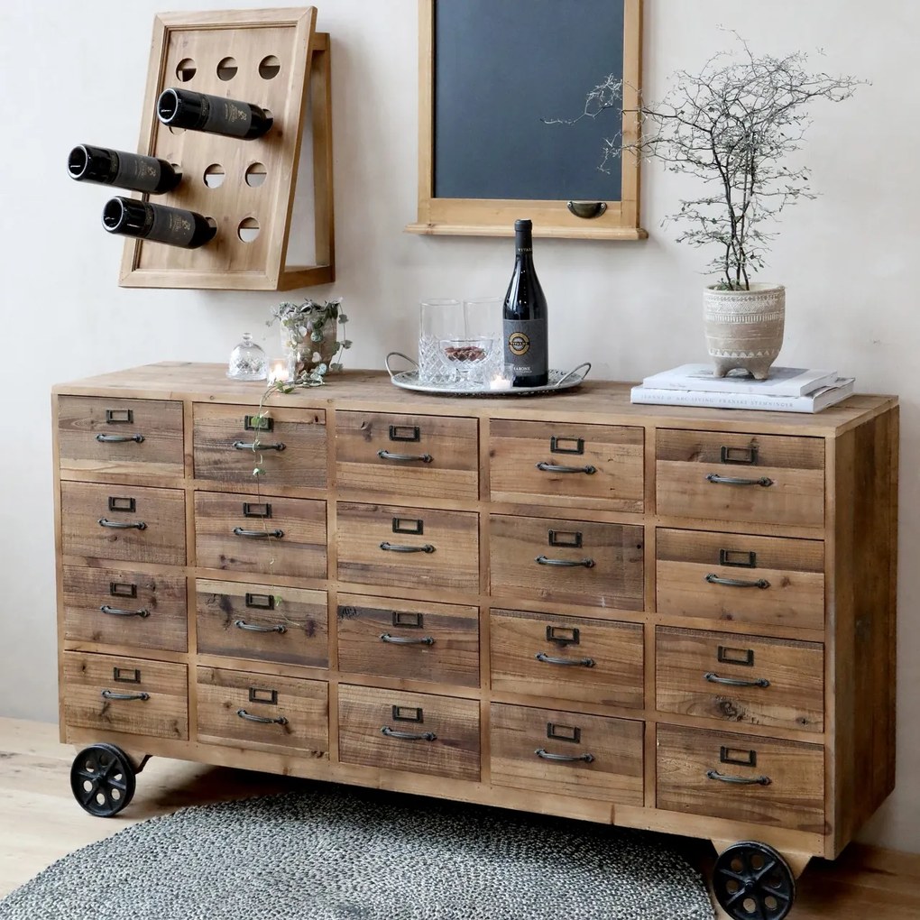 Consola din lemn masiv, cu sertare si roti, aspect rustic