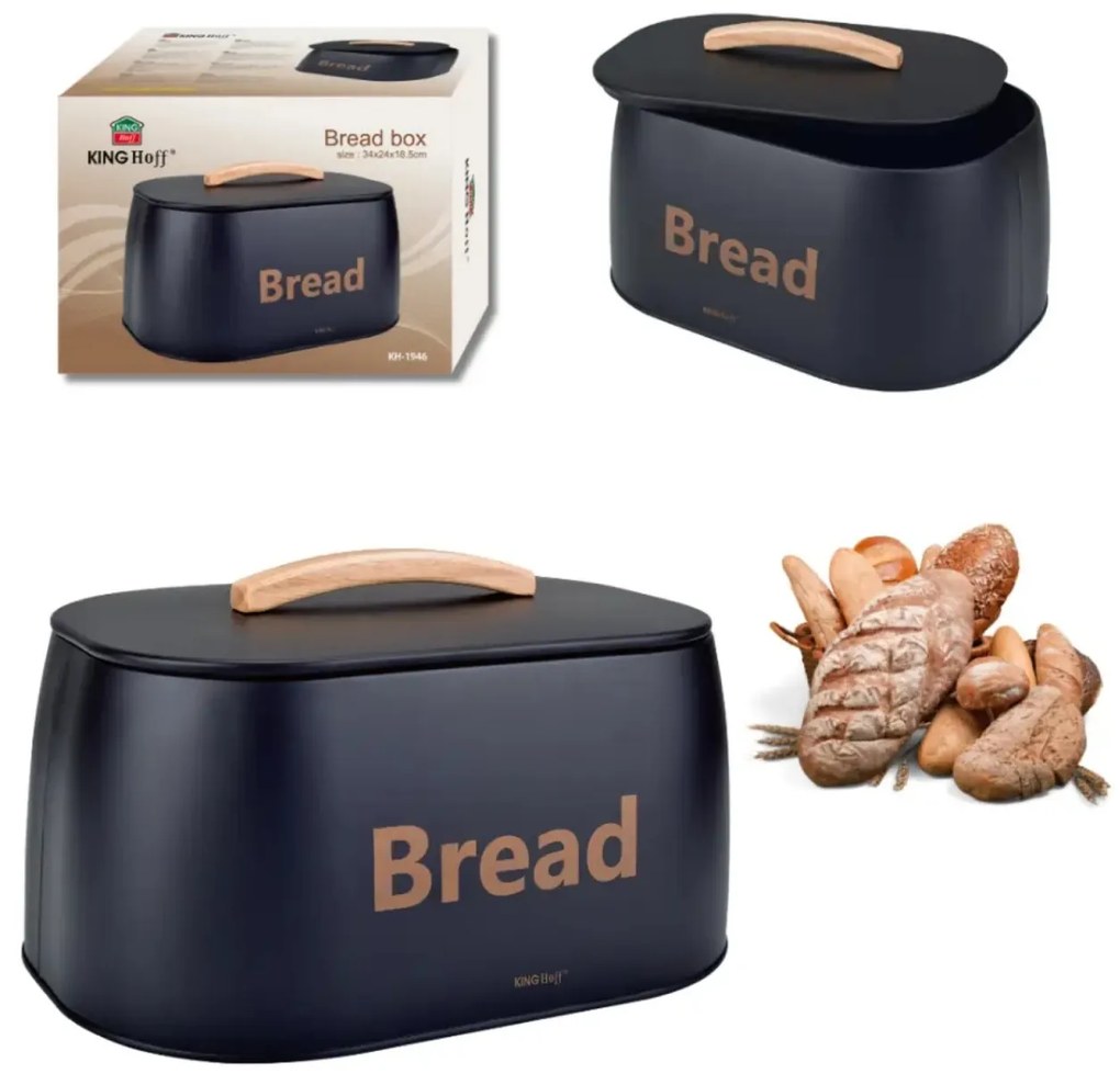 Cutie pentru pâine din metal cu mâner din lemn, 34×24×18.5 cm, neagră, KINGHoff KH-1946