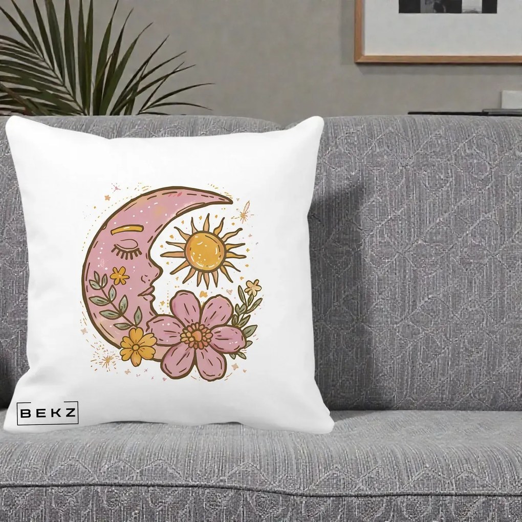 Perna Personalizata Luna si Soare Floral Boho, 40x40 cm, Alba Mata, Husa Detasabila, Perna Inclusa, BEKZ®