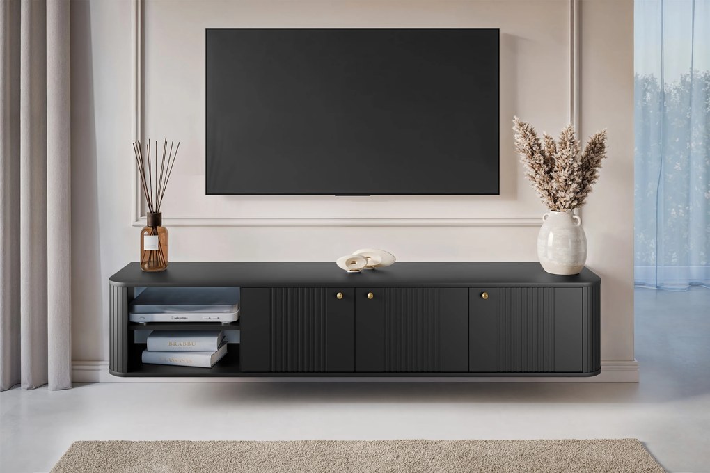 Comodă TV suspendată Vesper 187 cm cu 3 uși - negru / mânere aurii