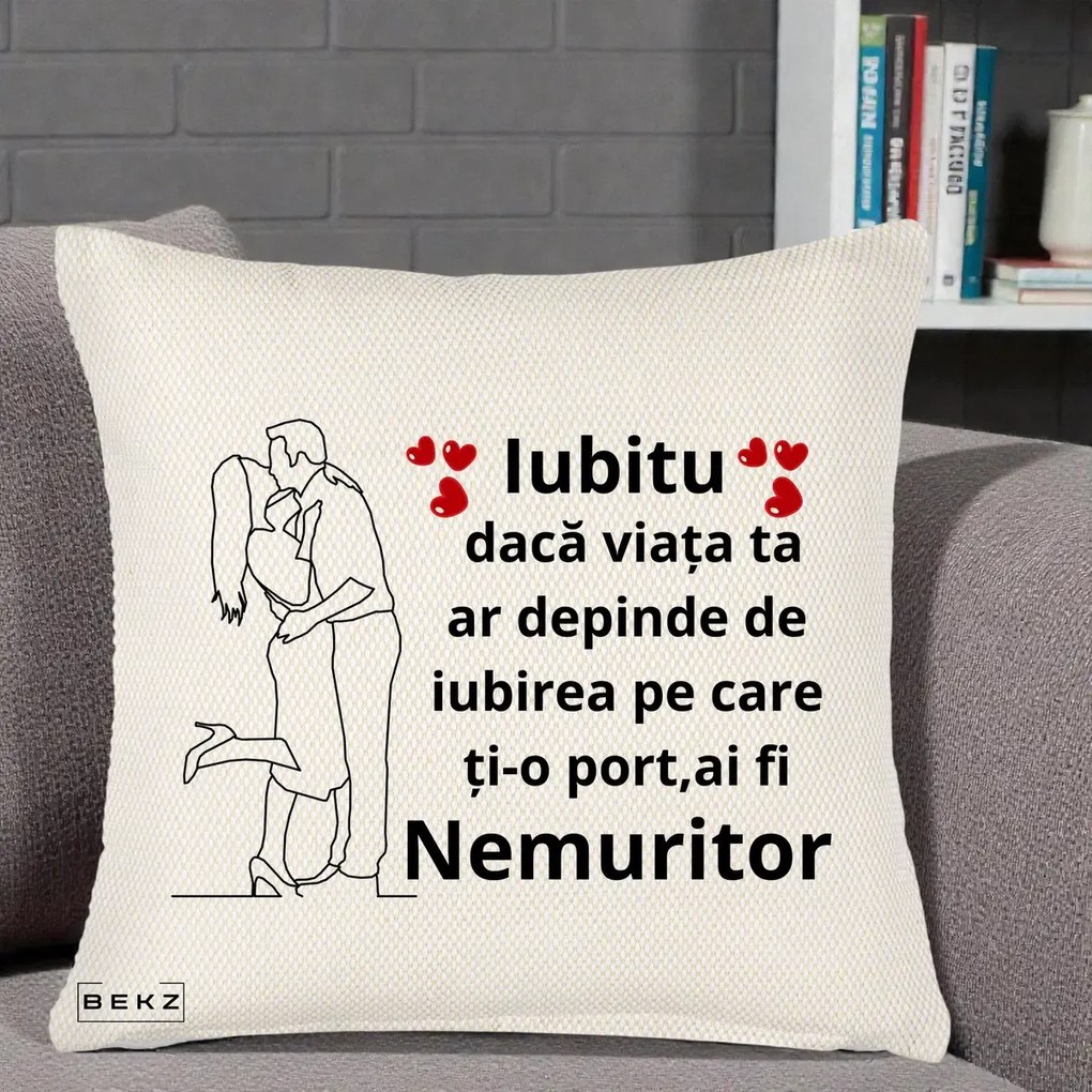 Cadou pentru Iubit - Perna Personalizata Iubitu Nemuritor cu Cuplu Line-Art si Inimi Rosii, 40x40 cm, Crem Reliefat, Husa Detasabila, Perna Inclusa, BEKZ®