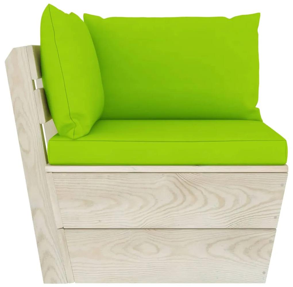 Set mobilier gradina din paleti cu perne, 12 piese, lemn molid verde aprins, 3x colt + 5x mijloc + 2x masa + 2x suport pentru picioare, 1