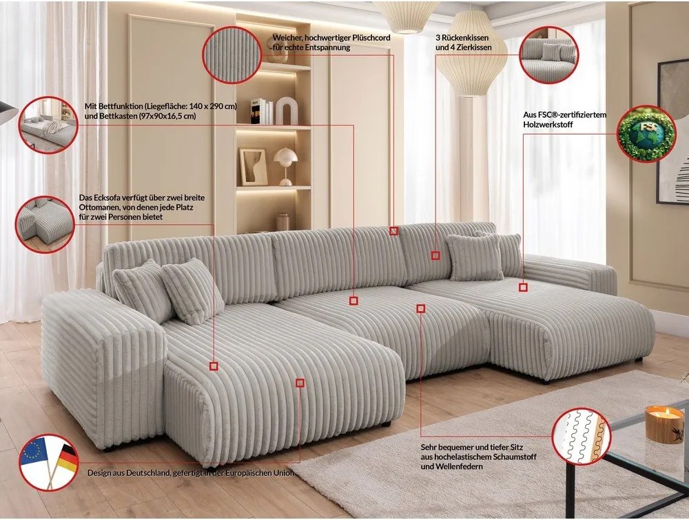 Colțar gri deschis extensibil/cu spațiu de depozitare cu tapițerie din catifea reiată (în formă de "U") Sarina – Ropez