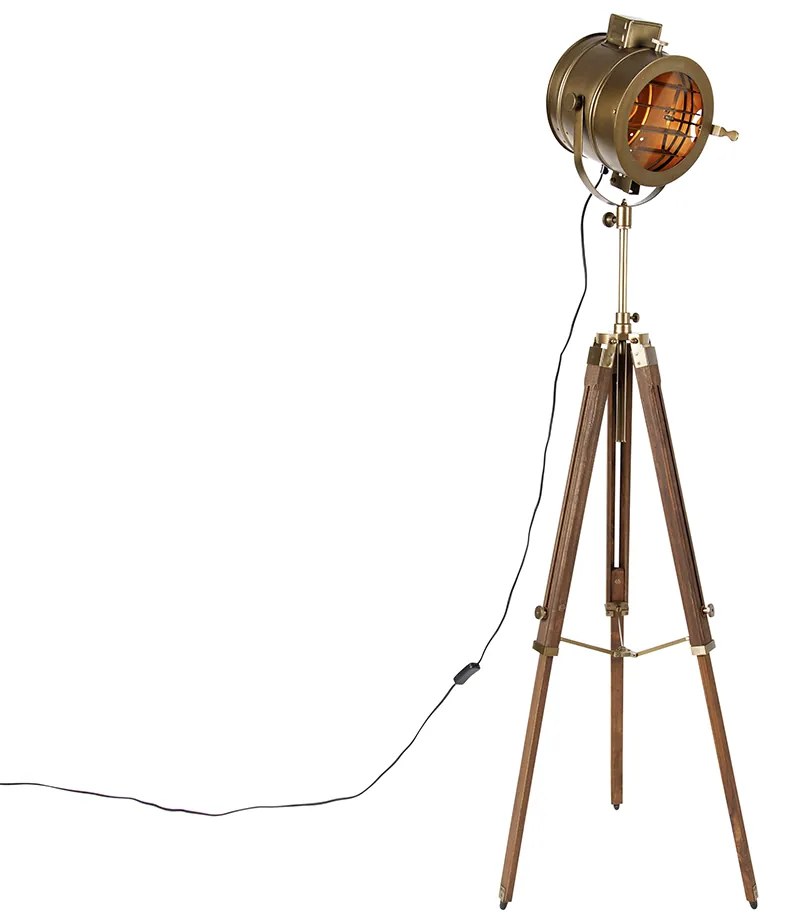 Lampa de podea trepied bronz cu spot de studio din lemn - Radient