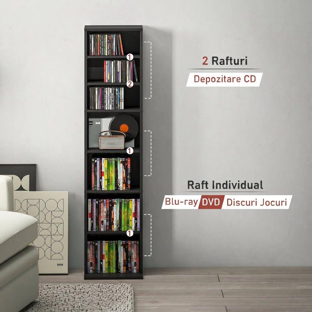 HOMCOM Raft Port CD cu 6 Rafturi Reglabile pentru 260 CD-uri/120 DVD-uri Negru | Aosom Romania