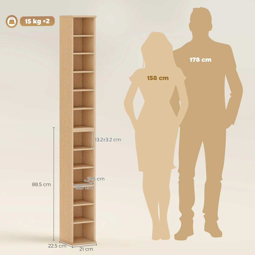 HOMCOM Set de 2 Mobili Suport CD cu Polițe Reglabile, Raft pentru 204 CD-uri Compact, Mobilier cu 12 Compartimente, pentru Living, Dormitor, Birou, 21x22,5x88,5cm, Culoare Lemn | Aosom Romania