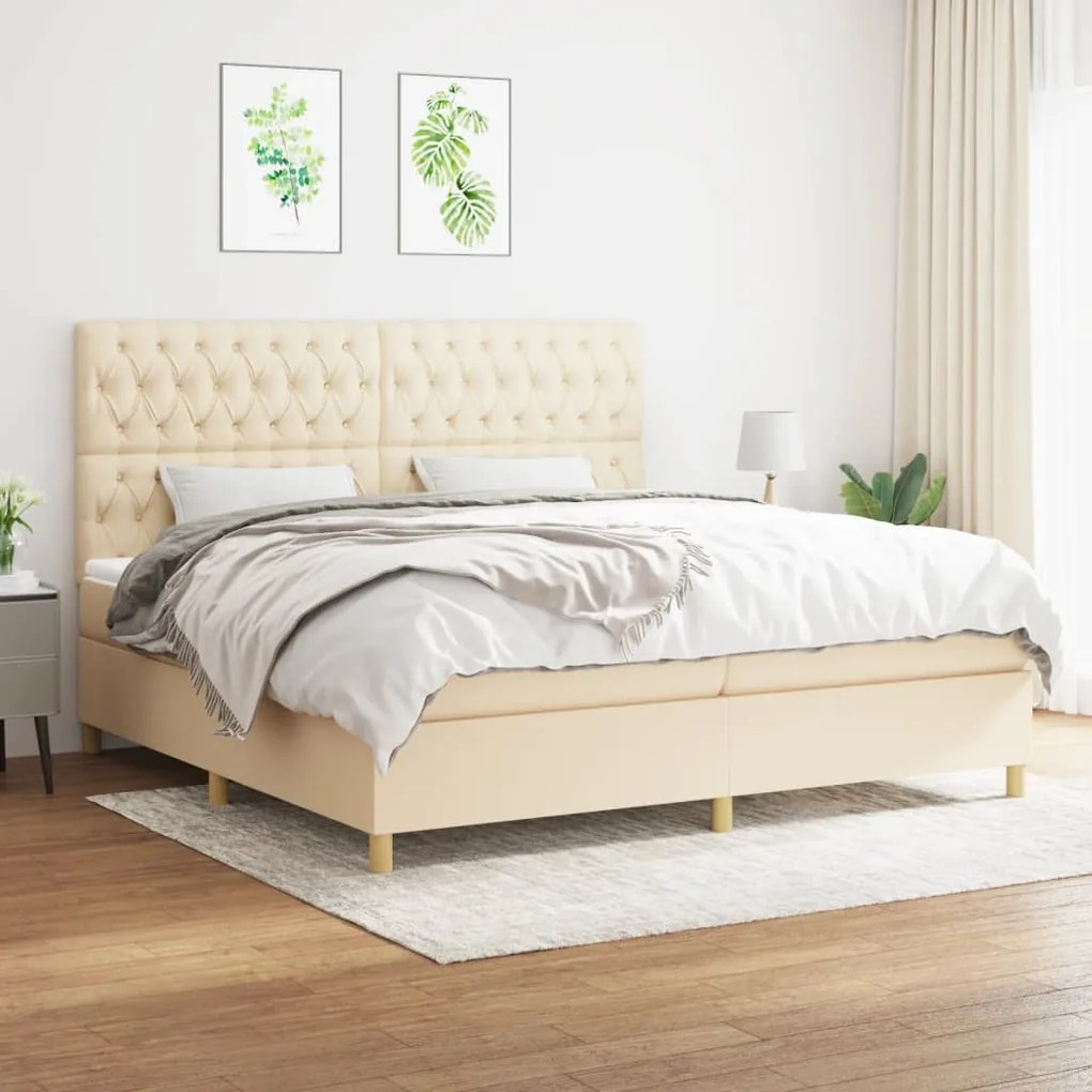 vidaXL Pat box spring cu saltea, crem, 200x200 cm, textil