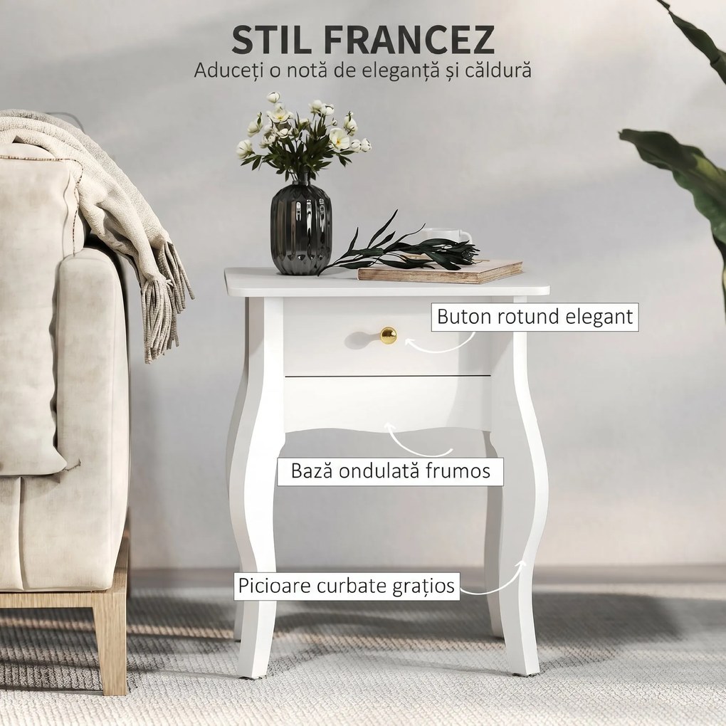HOMCOM Măsuță de Living cu Sertar în Stil Francez 45x35x55 cm, Alb | Aosom Romania