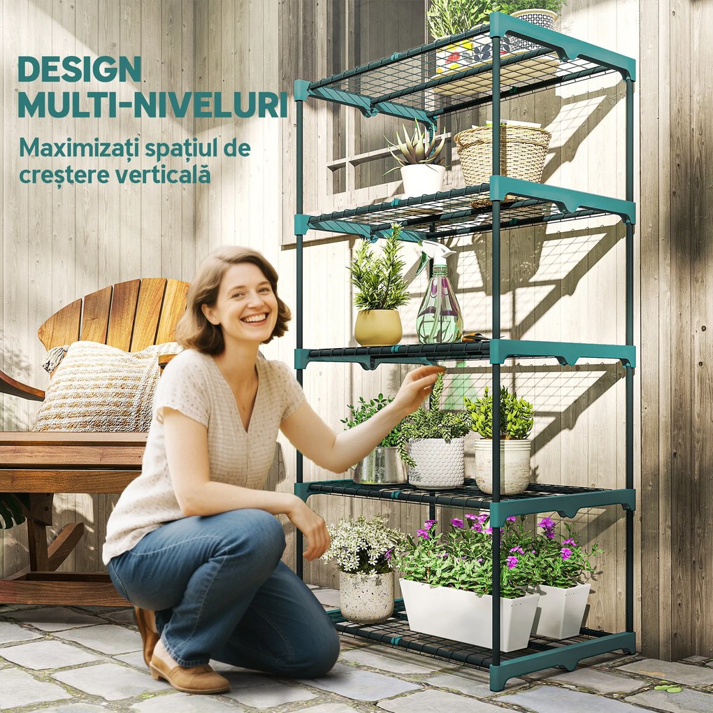 Outsunny Suport pentru Plante Vertical cu 5 Niveluri din Oțel și Plastic, Suport Ghivece pentru Interior și Exterior Grădină Balcon, 67x49x138 cm, Verde Închis | Aosom Romania