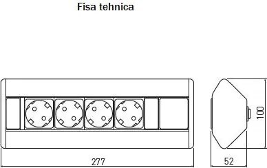 Priză de colț GTV, 4 prize Schuko, aluminiu, 277 x 52 mm Aluminiu, Metal+plastic, AE-PBKT4S-80