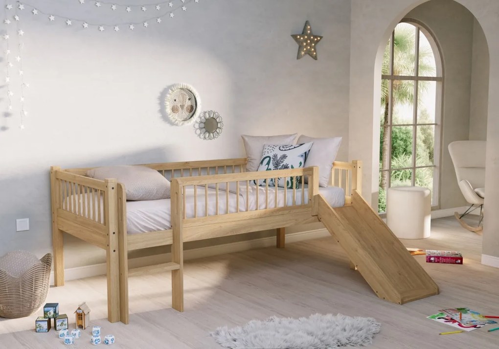 Pat Semi-Înălțat (Mid Sleeper) Forrest Oak 90x200 cm, pentru Camera Copii, din Lemn de Stejar, Natur, cu Tobogan și Sertare – Vipack