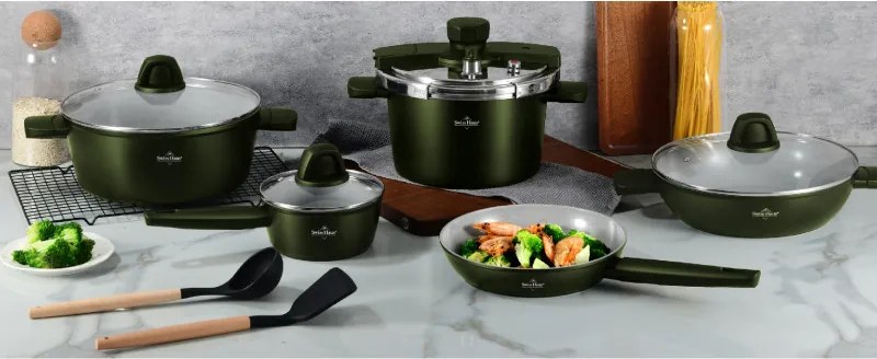 Set vase de gatit Swiss Haus SH-GPC3020G, 20 piese, Acoperire ceramica Sapphire, Fara PFAS, Cuptor pana la 220°C, Inductie, Verde