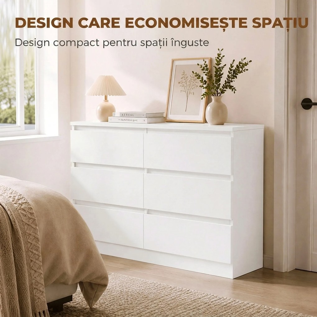 HOMCOM Comodă cu Sertare 6 Sertare Modernă cu Mânere Integrate Ascunse, Economisire Spațiu, PAL, 100x35x69 cm, Alb | Aosom Romania