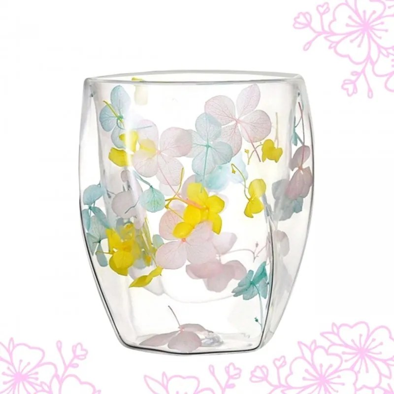 Pahar din sticlă, pereți dubli, flori uscate, hortensie galbenă, albastră și roz, 250 ml