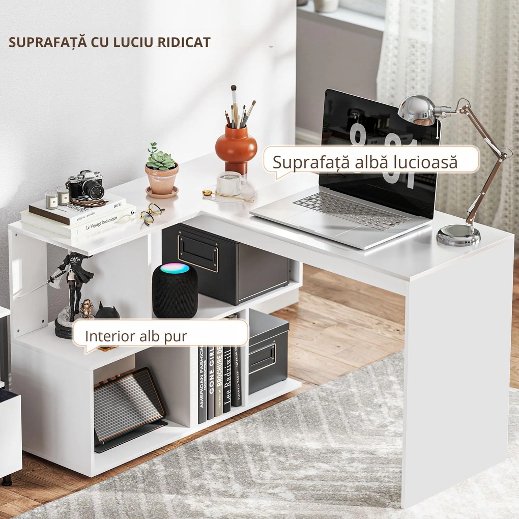 HOMCOM Birou în Formă de L cu 4 Compartimente de Depozitare, 120x100x77 cm, Alb Lucios | Aosom Romania