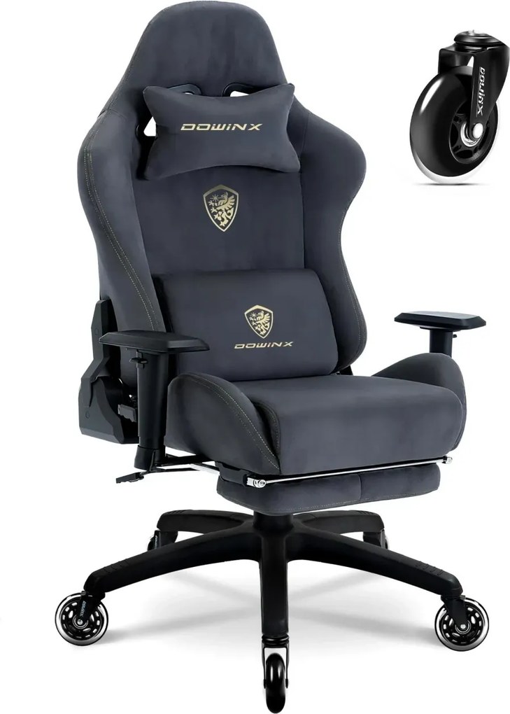 RESIGILAT- DOWINX 68A - Scaun Gaming Ergonomic, Extra-Lat și Construcție Heavy-Duty, Masaj in perna lombara, Material Textil respirabil, Suport picioare, Roti Silicon, Rezistent 150 kg, Gri Inchis