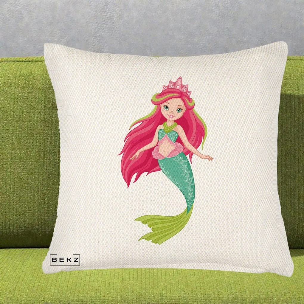 Perna Decorativa Sirena Roz cu Coroana, 40x40 cm, Crem Reliefat, Husa Detasabila, Perna Inclusa, BEKZ®