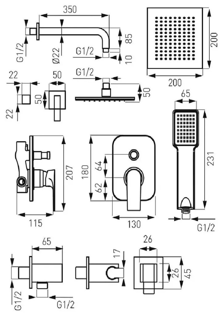 Sistem de dus incastrat Ferro Algeo Square, crom - BAQ7P-SET1-S