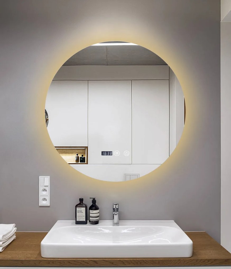 Oglindă Baie LED și Dezaburire Elit's Premium cu Senzor Touch, Lumina Rece, Caldă și Neutră, 90 cm, lumina ambientala spate